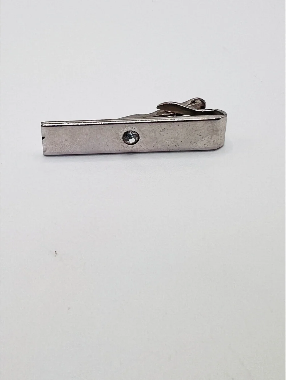 Vintage SWANK Silver Tone Tie Clip Clear Rhinestone Mid Century 1.5”